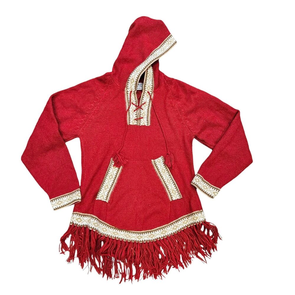 Onofre Saez Alpaca Sweater Womens S Red Hooded Fringe Western Boho Cottage